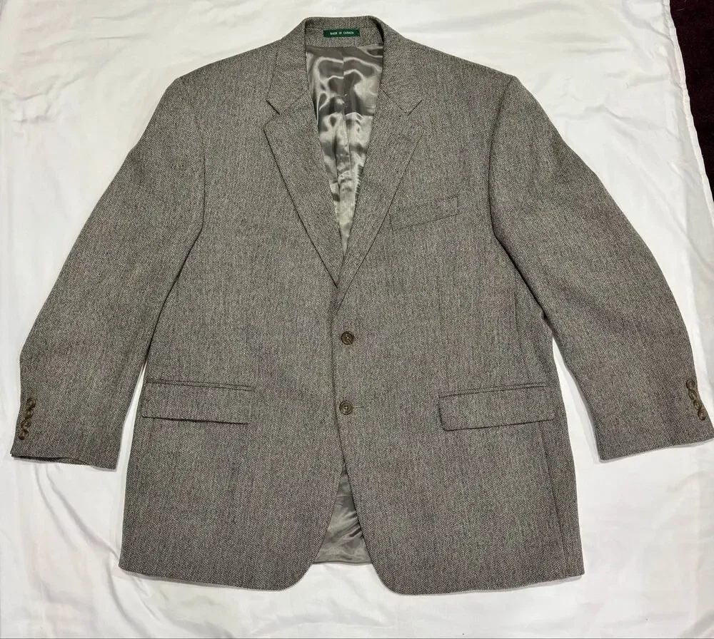 Lauren Ralph Lauren 48R Pure Wool Gray Herringbone Blazer Made Canada